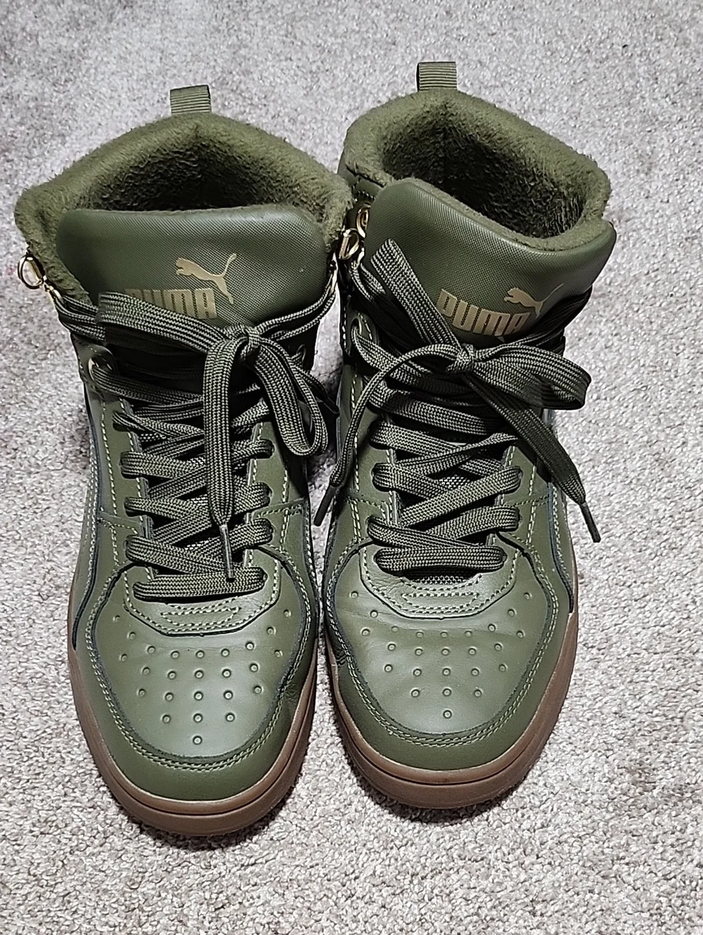 PUMA Women's Olive Green High-Top Boots with Brown Sole